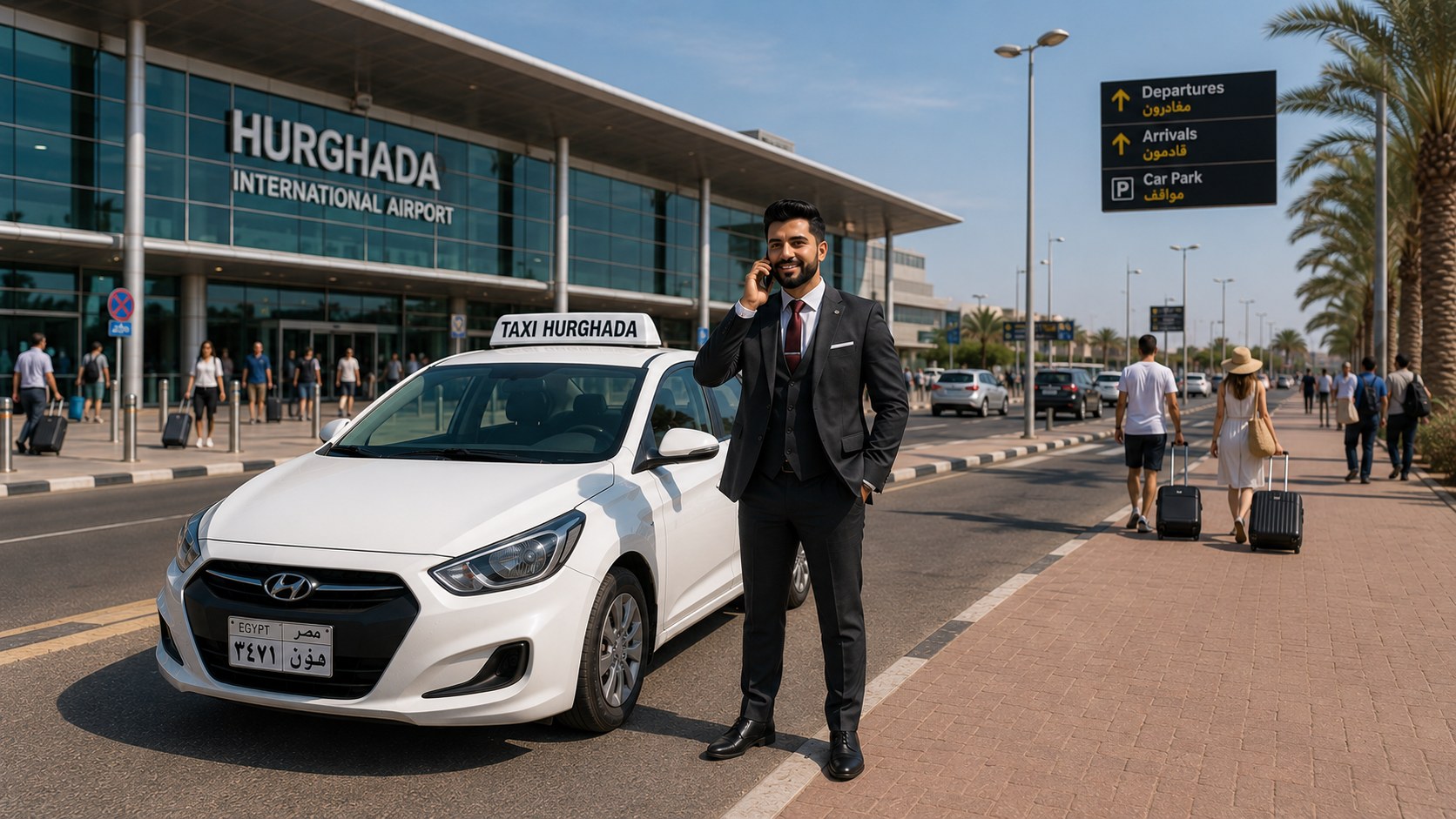 Taxi Hurghada driver speaking on phone at airport