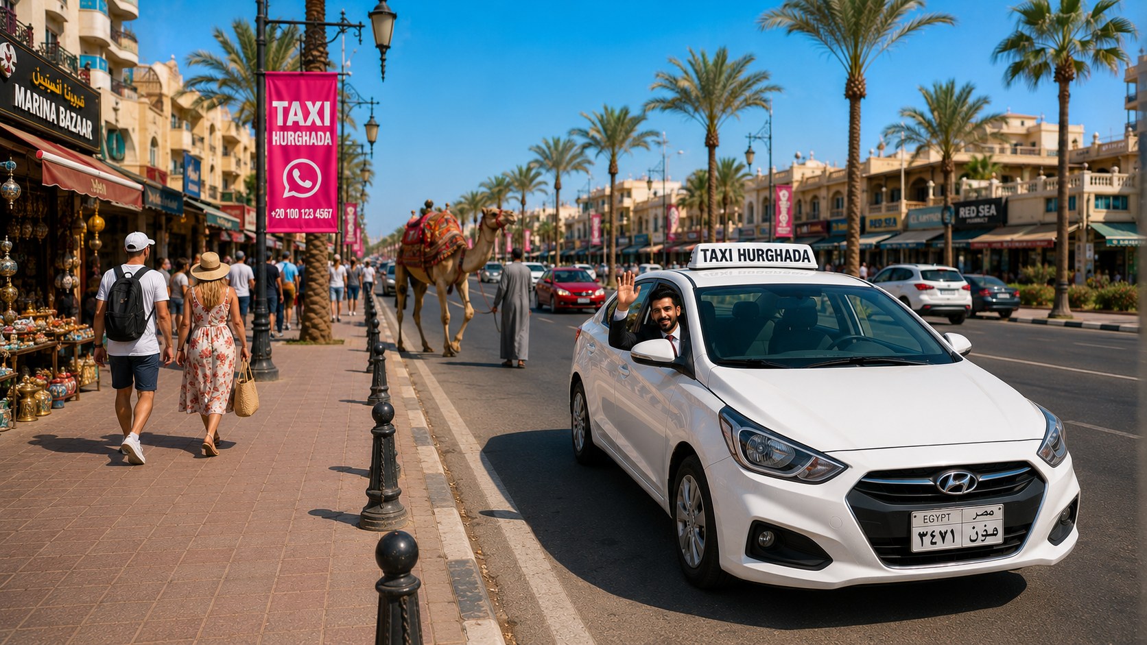 Taxi Hurghada car on a palm street near marina bazaar